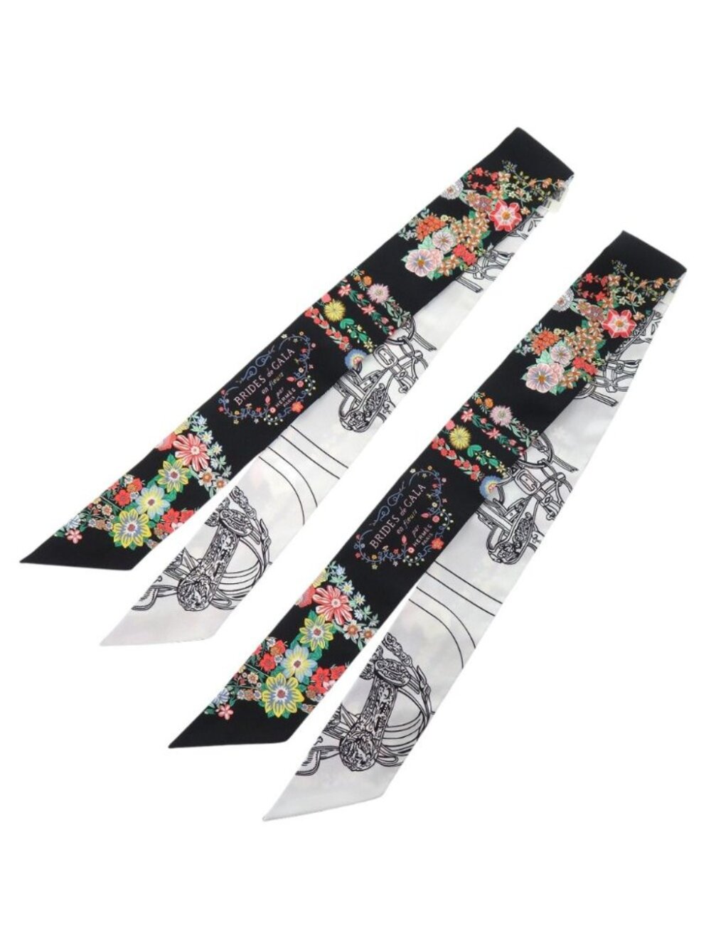 Hermes Twilly 2 Point Set Brides de Gala en Fleurs 08 Silk Black White Scarf